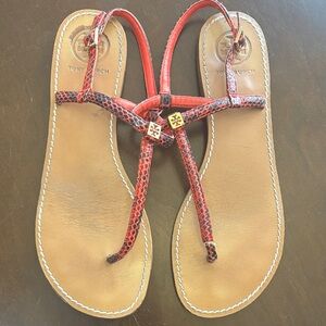 Tory Burch Red Snake-Print T-Strap Leather Sandals